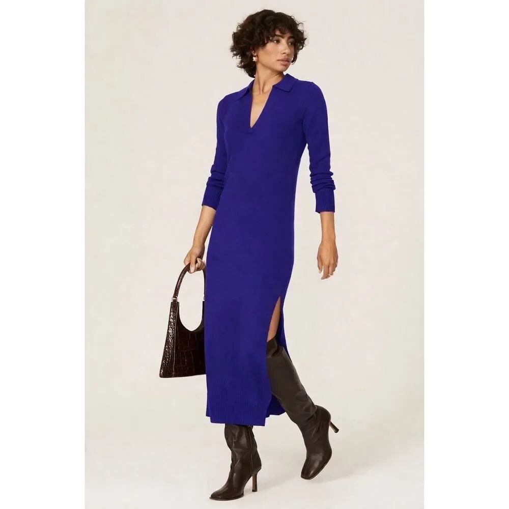 STAUD Crown Polo Midi Maxi Wool Knit Sweater Dress blue M